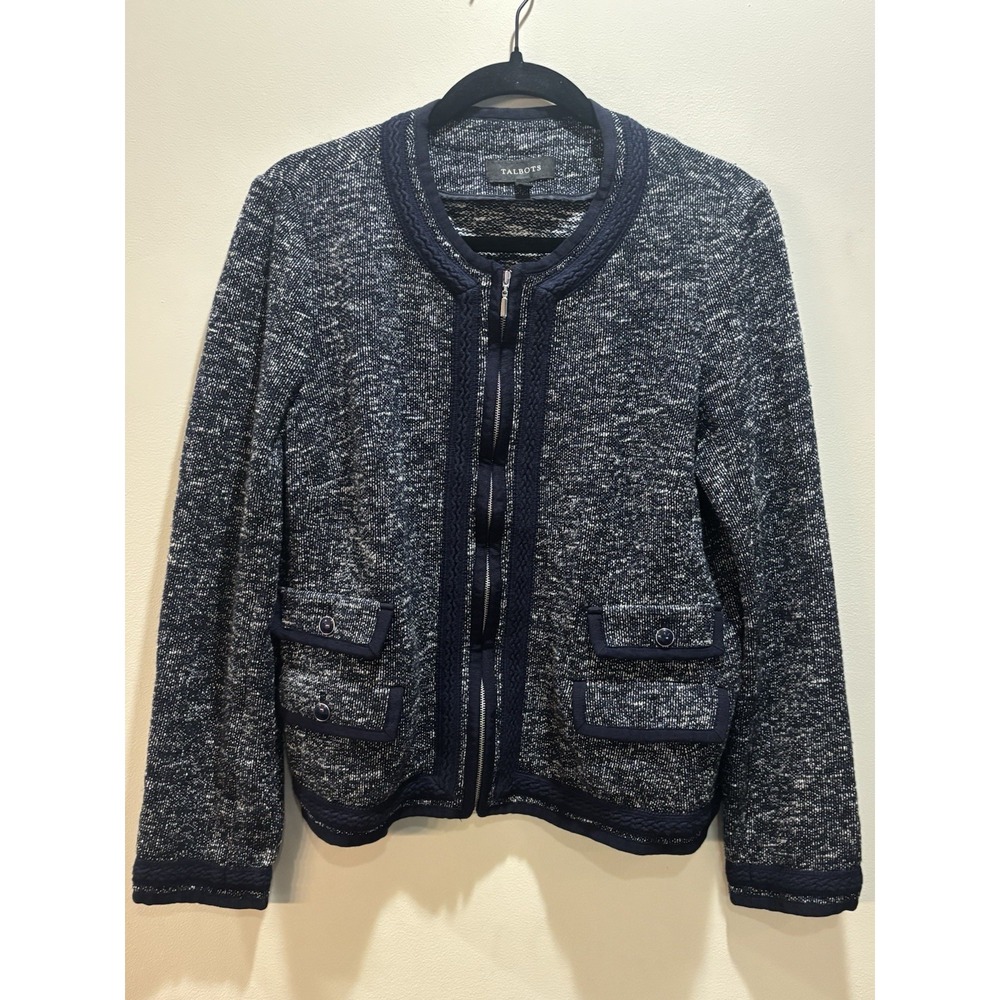 Talbots Navy Blue Tweed Blazer Size 14 Zip Front Pockets Jacket Braided Trim